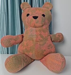 Free People Vintage Kantha Quilt Teddy Bear Stuffed Animal Camo Peach OS